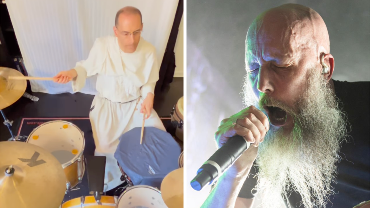 A priest plays drums, next to a photo of Meshuggah singer of Jens Kidman onstage