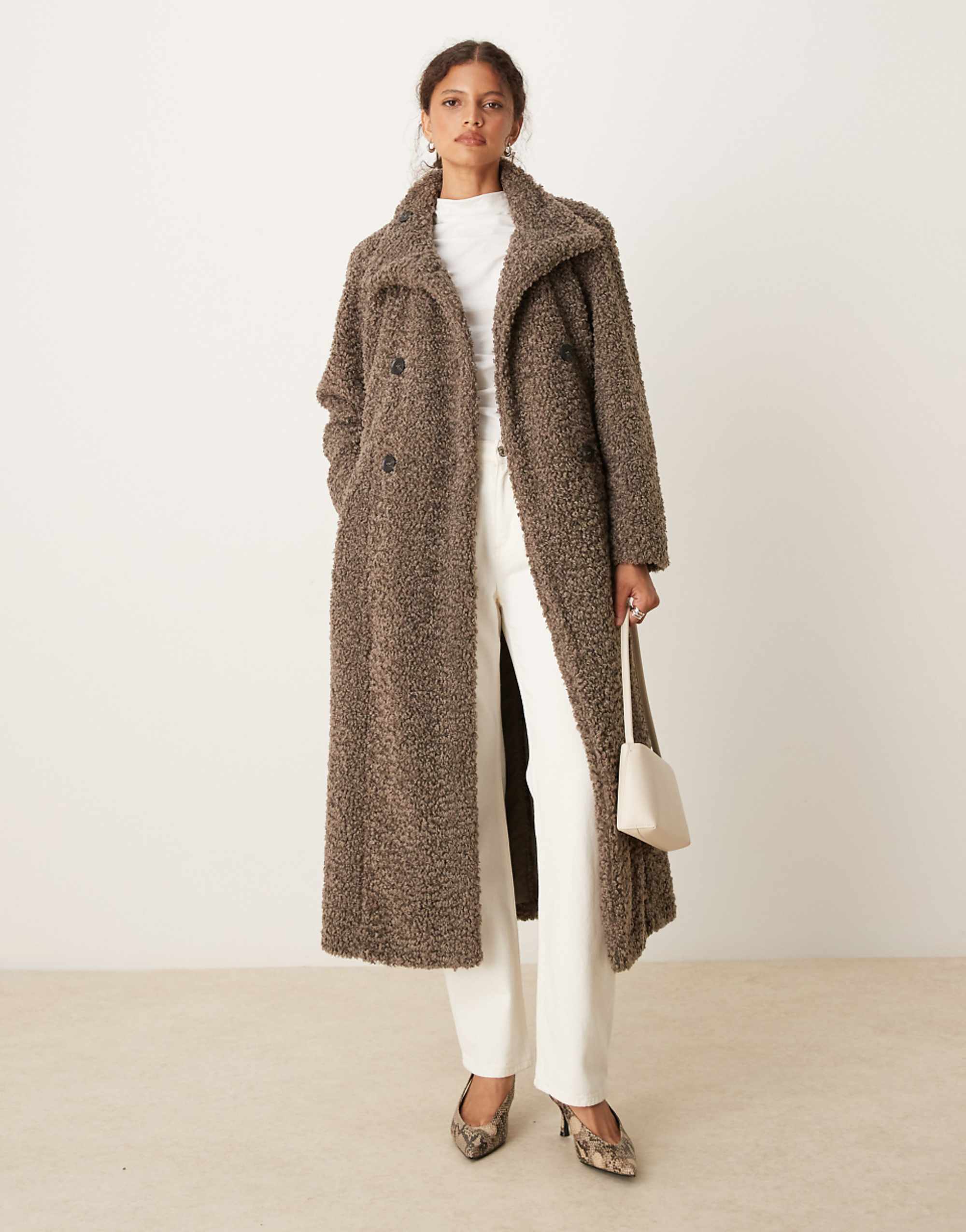 Pretty Lavish Belted Boucle Wrap Coat in Taupe