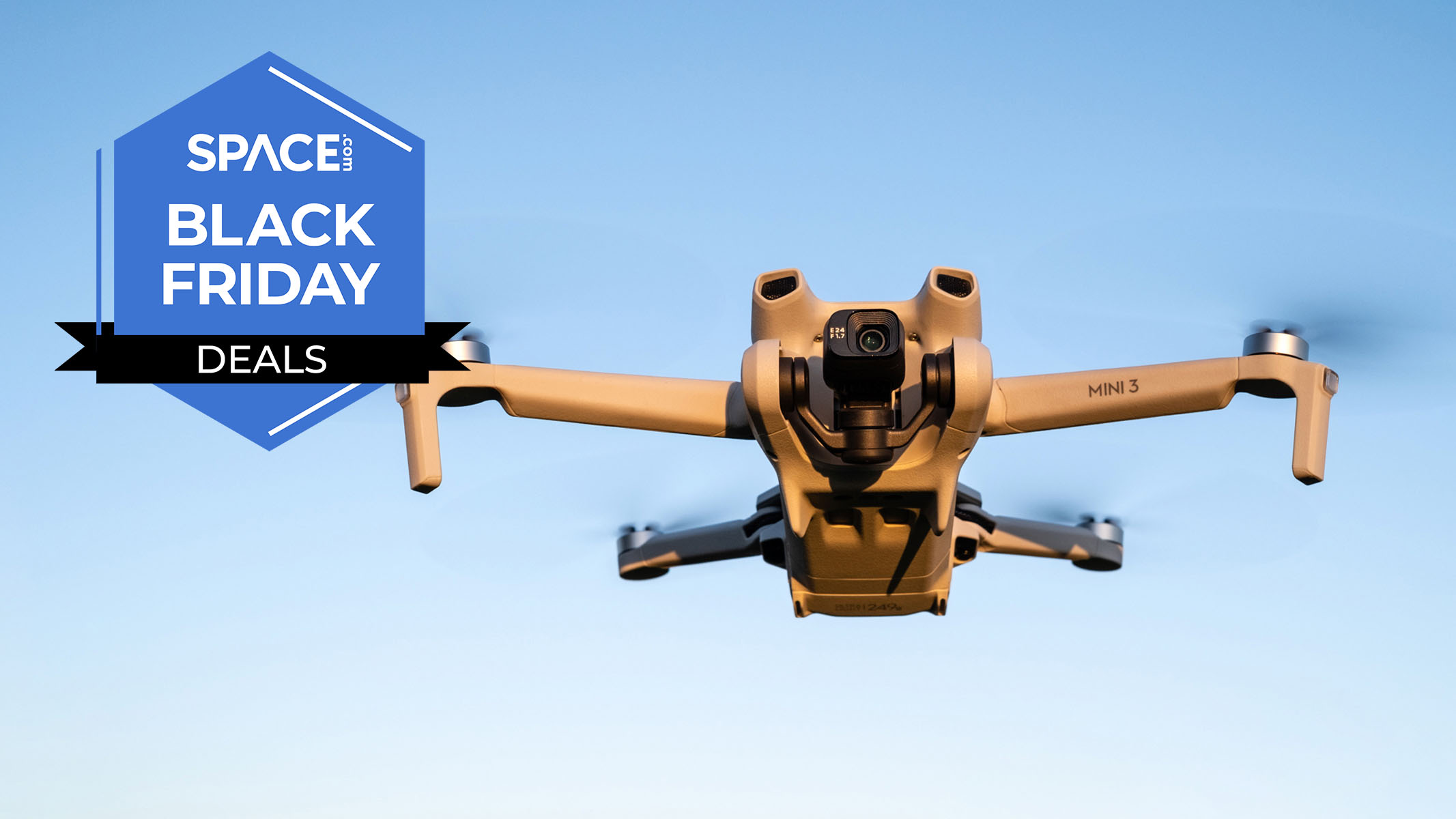 A DJI Mini 3 drone in the sky, next to a Space Black Friday deals badge. 