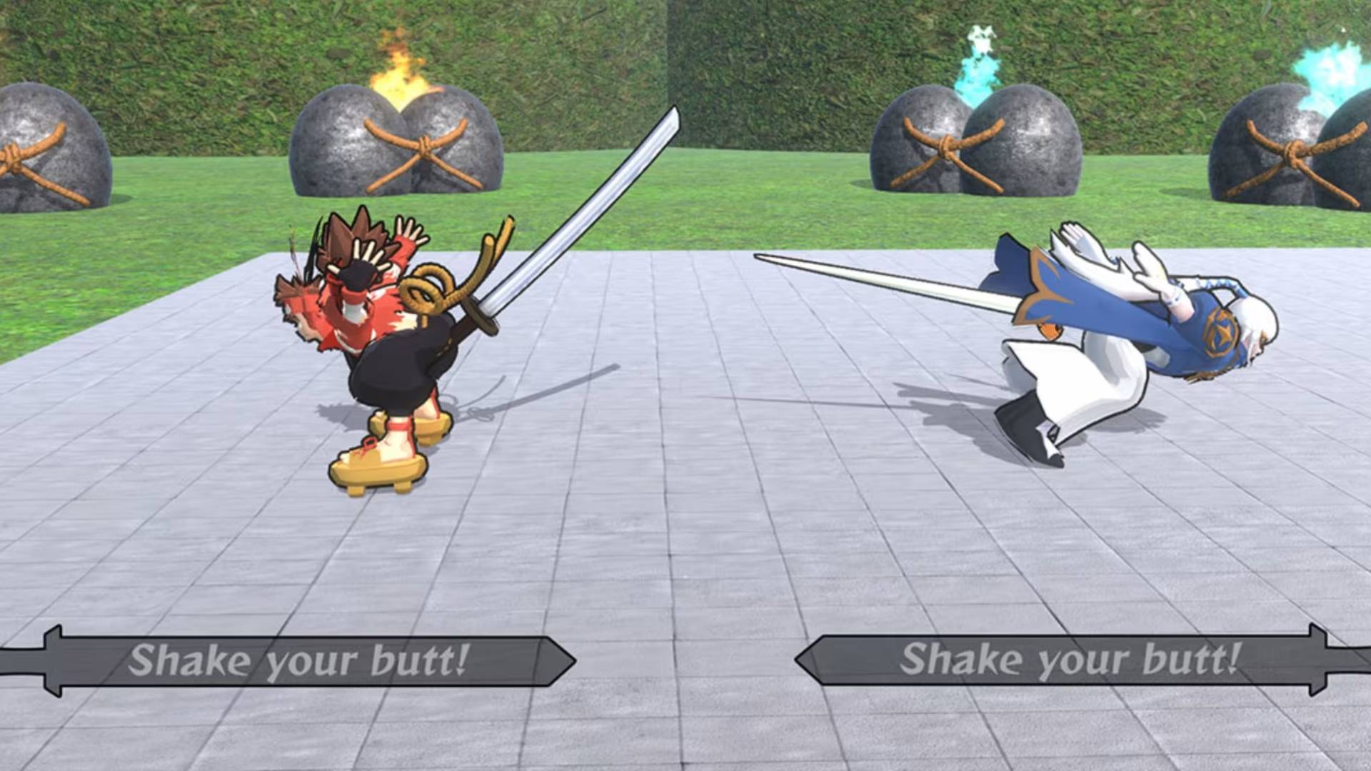 Screenshot from Ketsu Battler, showing two players fighting and being instructed to &quot;shake your butt!&quot;