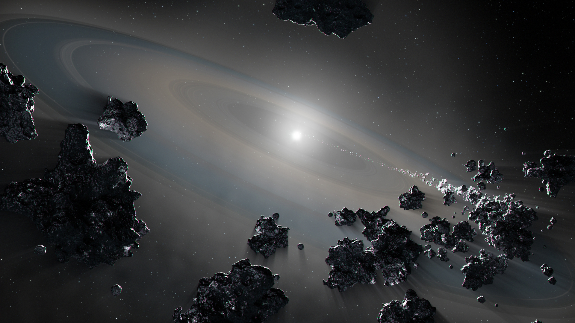 A white star in the middle of the image with rings around it is surrounded by dark rubble in space
