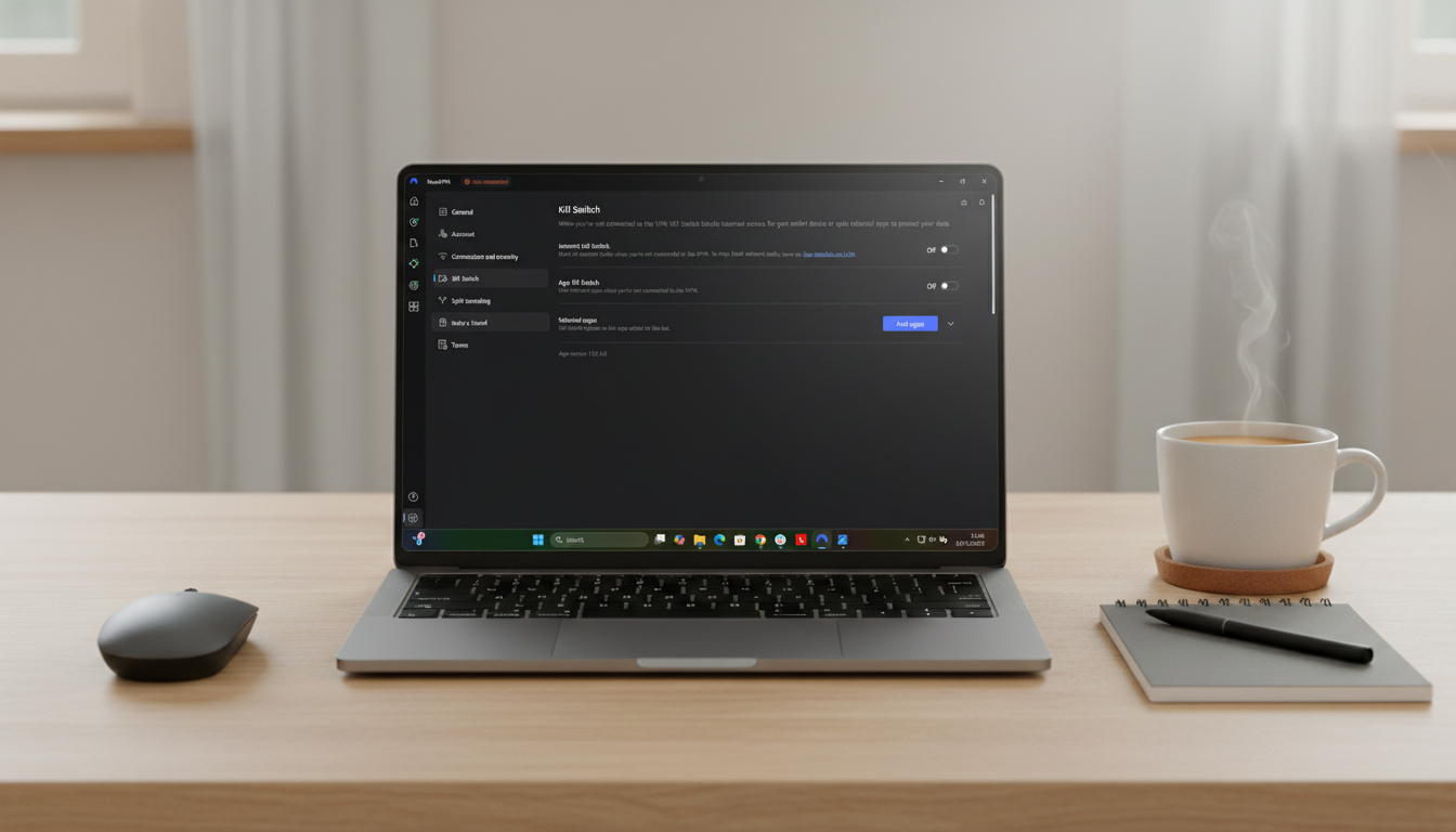 NordVPN kill switch settings screen on laptop at desk with coffee