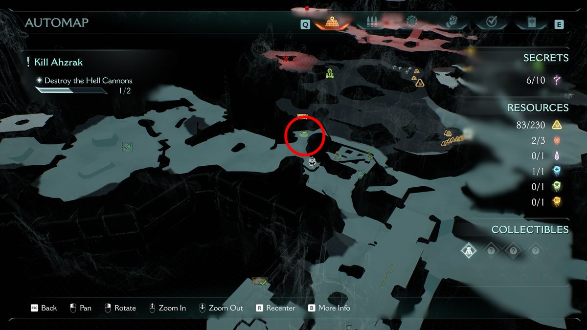 Doom: The Dark Ages The Forsaken Plains secrets and collectibles - A map highlighting where to find a ruby in a narrow tunnel.