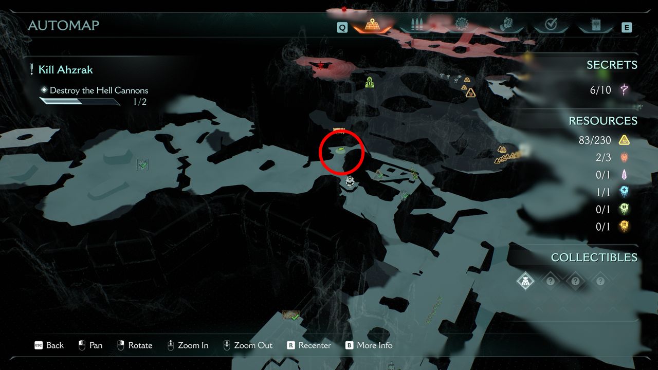Doom: The Dark Ages The Forsaken Plains secrets and collectibles - A map highlighting where to find a ruby in a narrow tunnel.