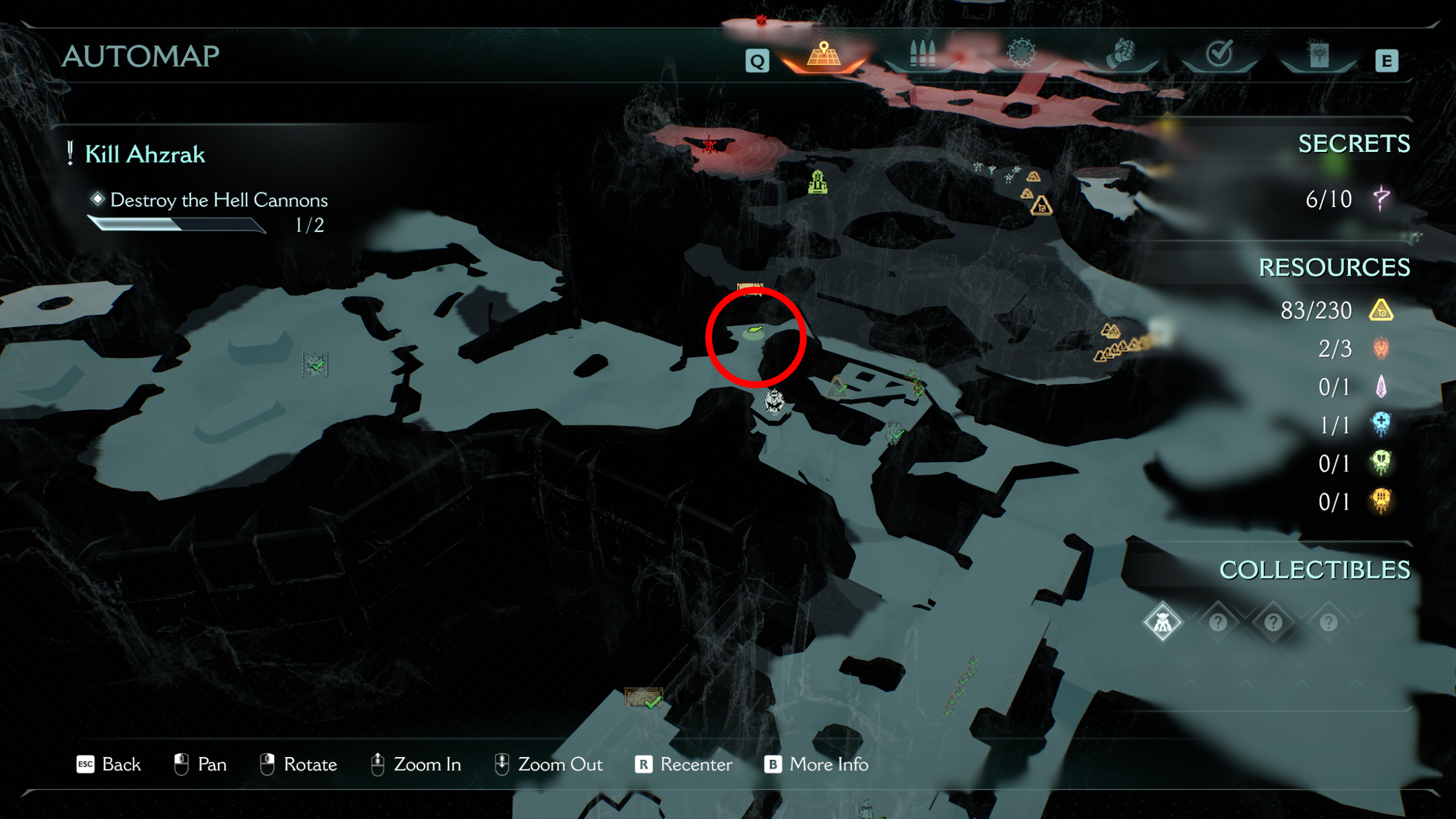 Doom: The Dark Ages The Forsaken Plains secrets and collectibles - A map highlighting where to find a ruby in a narrow tunnel.