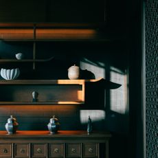 chic hotel lobby interiors with dark shelves and pottery