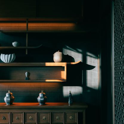 chic hotel lobby interiors with dark shelves and pottery