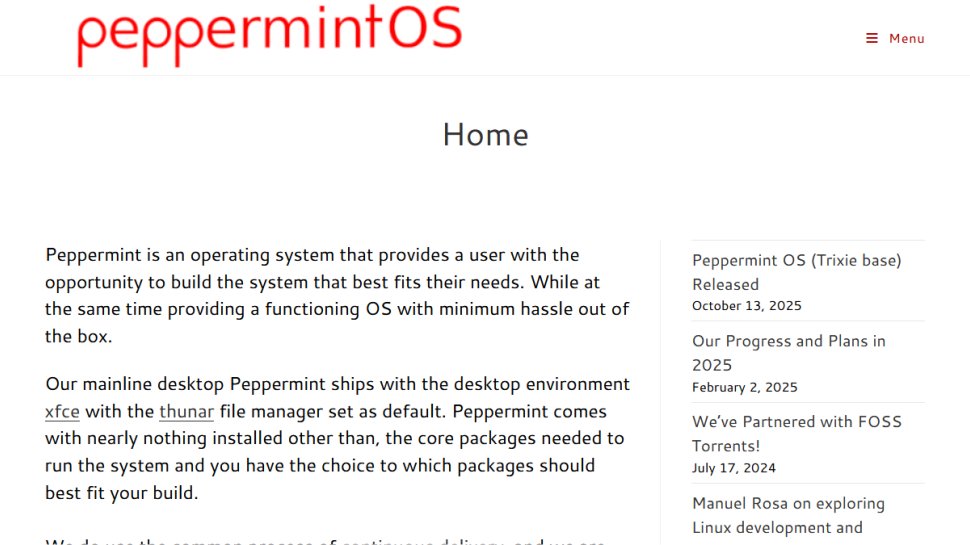 Peppermint OS website screenshot (February 2026).