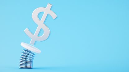 A white dollar sign on a spring with a bright blue background
