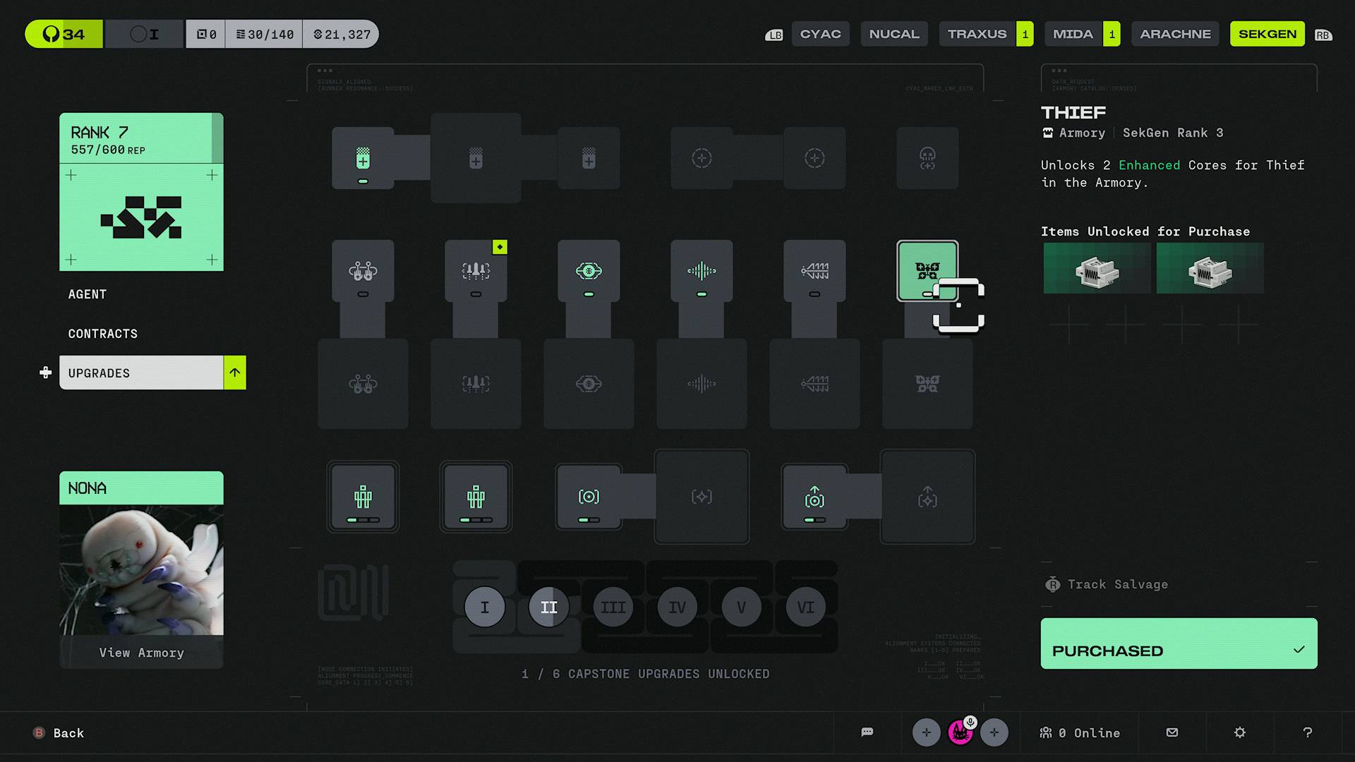 Marathon Sekiguchi faction upgrades Thief Core upgrades