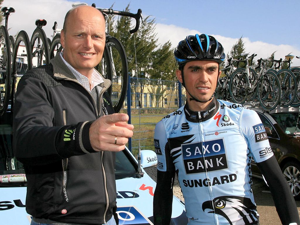 Contador alongside Bjarne Riis after signing for Saxo Bank - Sungard for 2011