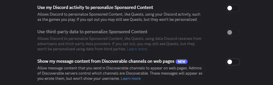 Тумблер настроек конфиденциальности в приложении Discord