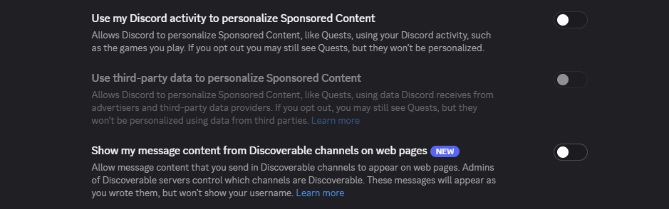 Dark-mode Discord settings show off toggles for sponsored-content personalization, third-party data, and Discoverable-channel messages (NEW).