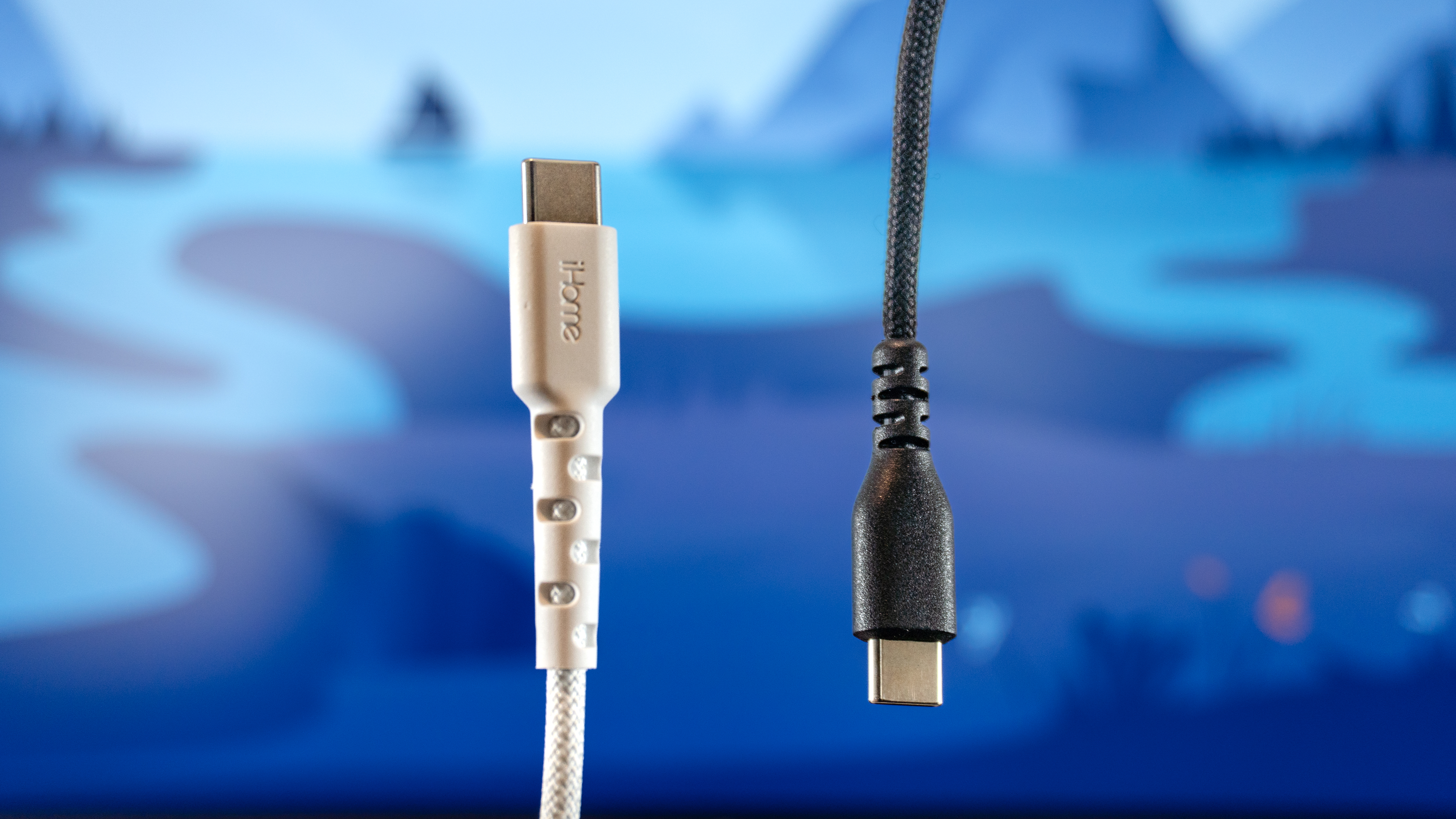 Two braided USB-C cables next to each other with a monitor in the background