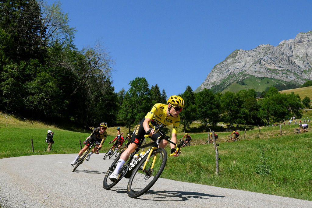 SAINTGERVAIS MONTBLANC FRANCE JULY 16 Jonas Vingegaard of Denmark and Team JumboVisma Yellow Leader Jersey competes during the stage fifteen of the 110th Tour de France 2023 a 179km stage from Les Gets les Portes du Soleil to SaintGervais MontBlanc 1379m UCIWT on July 16 2023 in SaintGervais MontBlanc France Photo by David RamosGetty Images