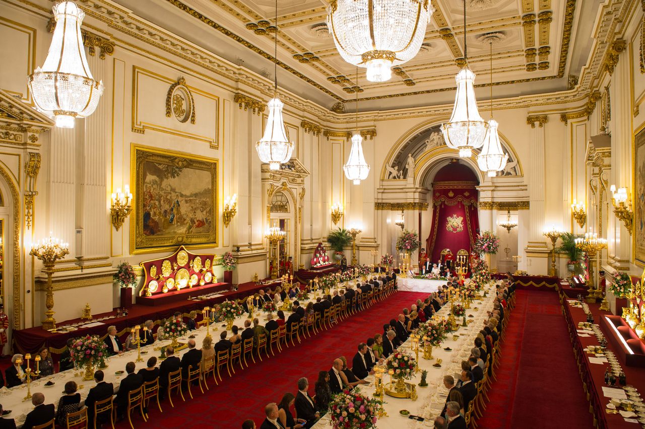 Royal family, Guests in the ballroom as Britain&#039;s Queen Elizabeth II and King Felipe VI of Spain attend the State Banquet at Buckingham Palace on July 12, 2017 in London, England