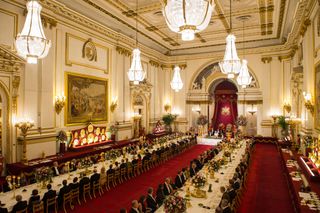 Guests in the ballroom as Britain's Queen Elizabeth II and King Felipe VI of Spain attend the State Banquet at Buckingham Palace on July 12, 2017 in London, England