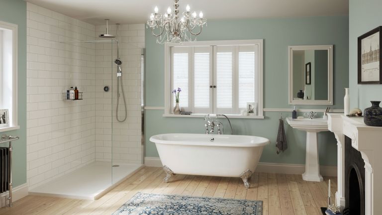 淡蓝色浴室中的白色米拉铂金淋浴说明如何为浴室选择淋浴。