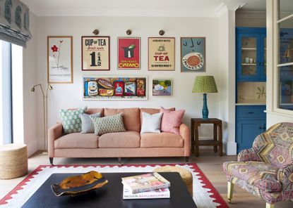 Colorful living room with gallery wall