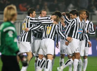 Juventus players celebrate a goal against Bari in Serie B in January 2007.