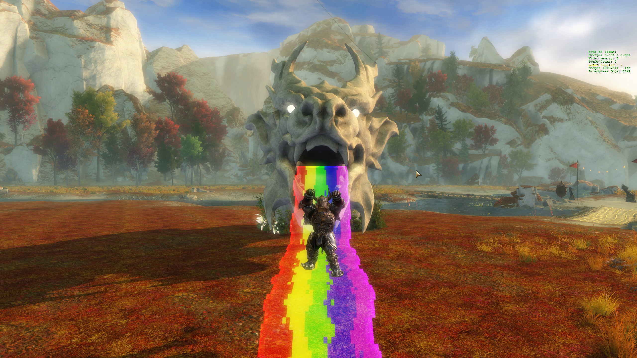 A dragon statue with a rainbow bridge coming out of its mouth