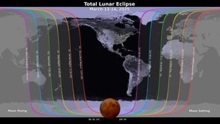 graphic showing where in the world will see the total lunar eclipse overnight on march 13 -14.