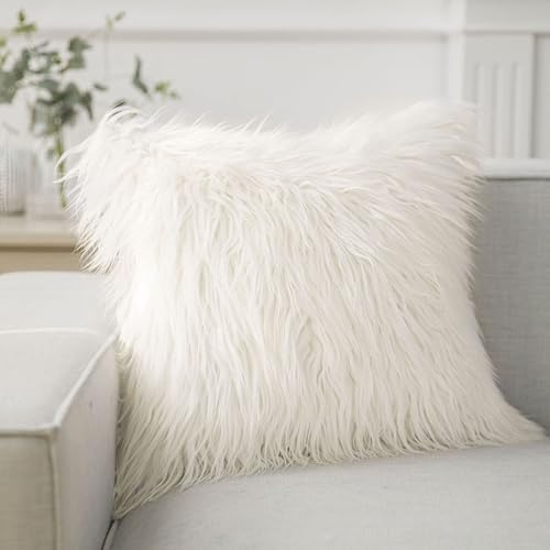 Phantoscope Faux Fur Pillow Cover Decorative Fluffy Throw Pillow Soft Fuzzy Pillow Case Cushion Cover for Bedroom/couch, Off-White 18 X 18 Inches