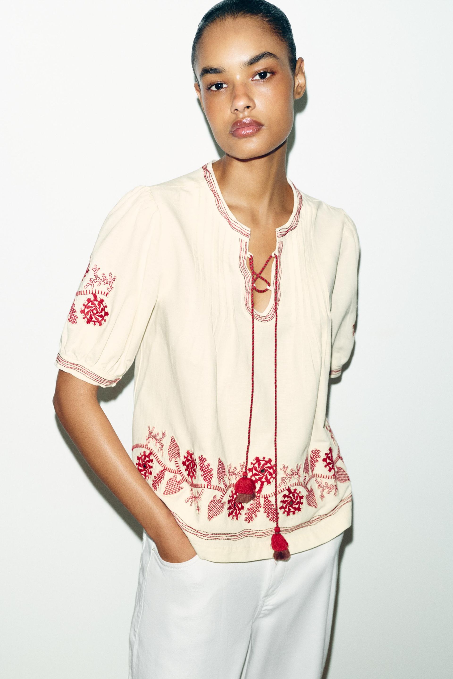 Embroidered Tassel Blouse