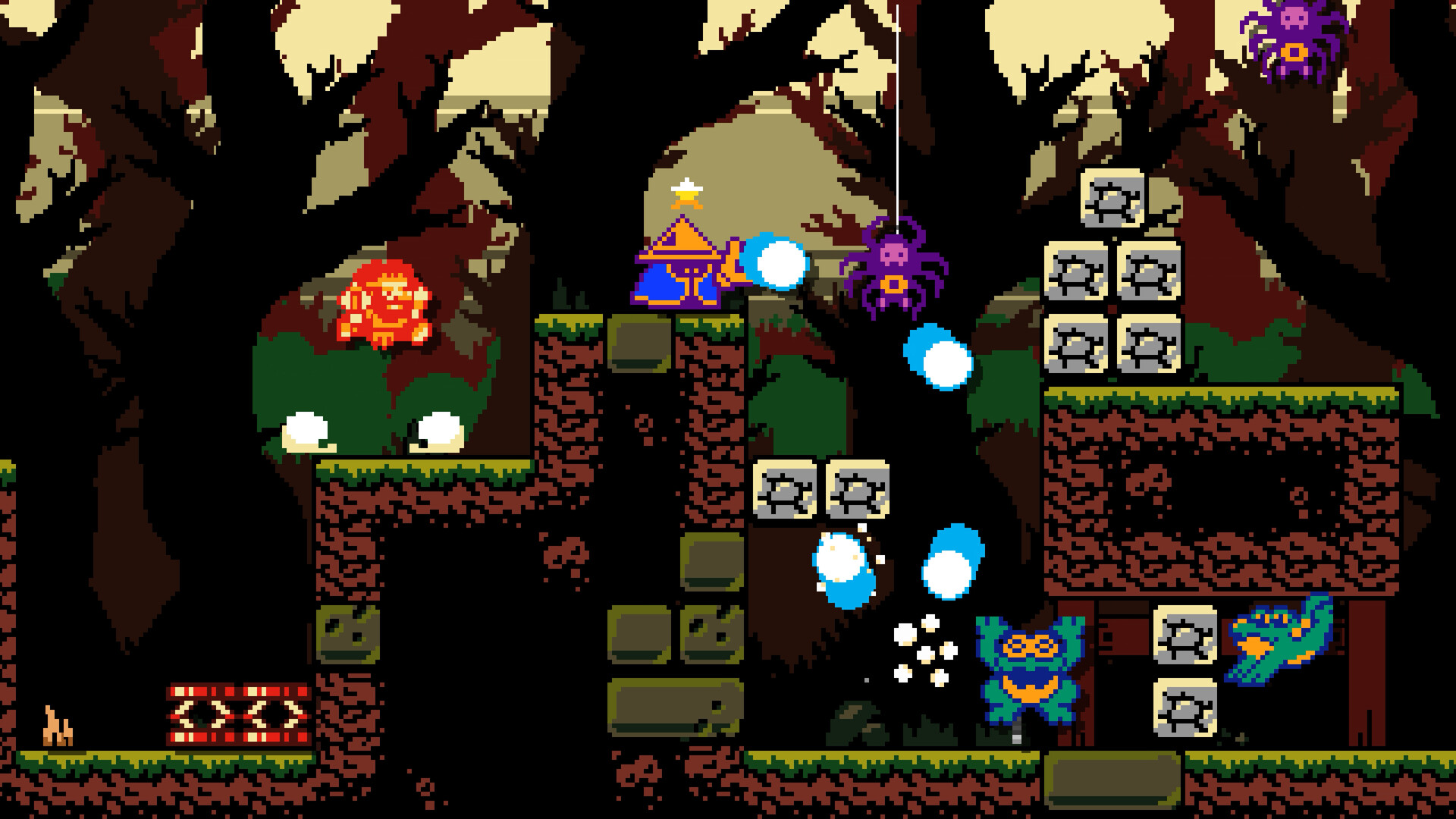 In platforming roguelike Dark Scrolls, a little wizard-like hero fights spiders in a fantasy-themed level