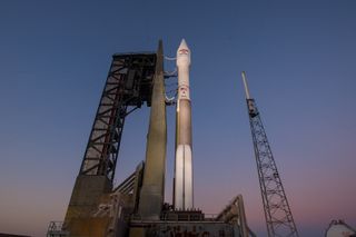 At the Space Launch Complex-41 of Florida's Cape Canaveral Air Force Station's, a United Launch Alliance Atlas V rocket stands ready to launch the EchoStar XIX satellite. Liftoff is set for Dec. 18, 2016.