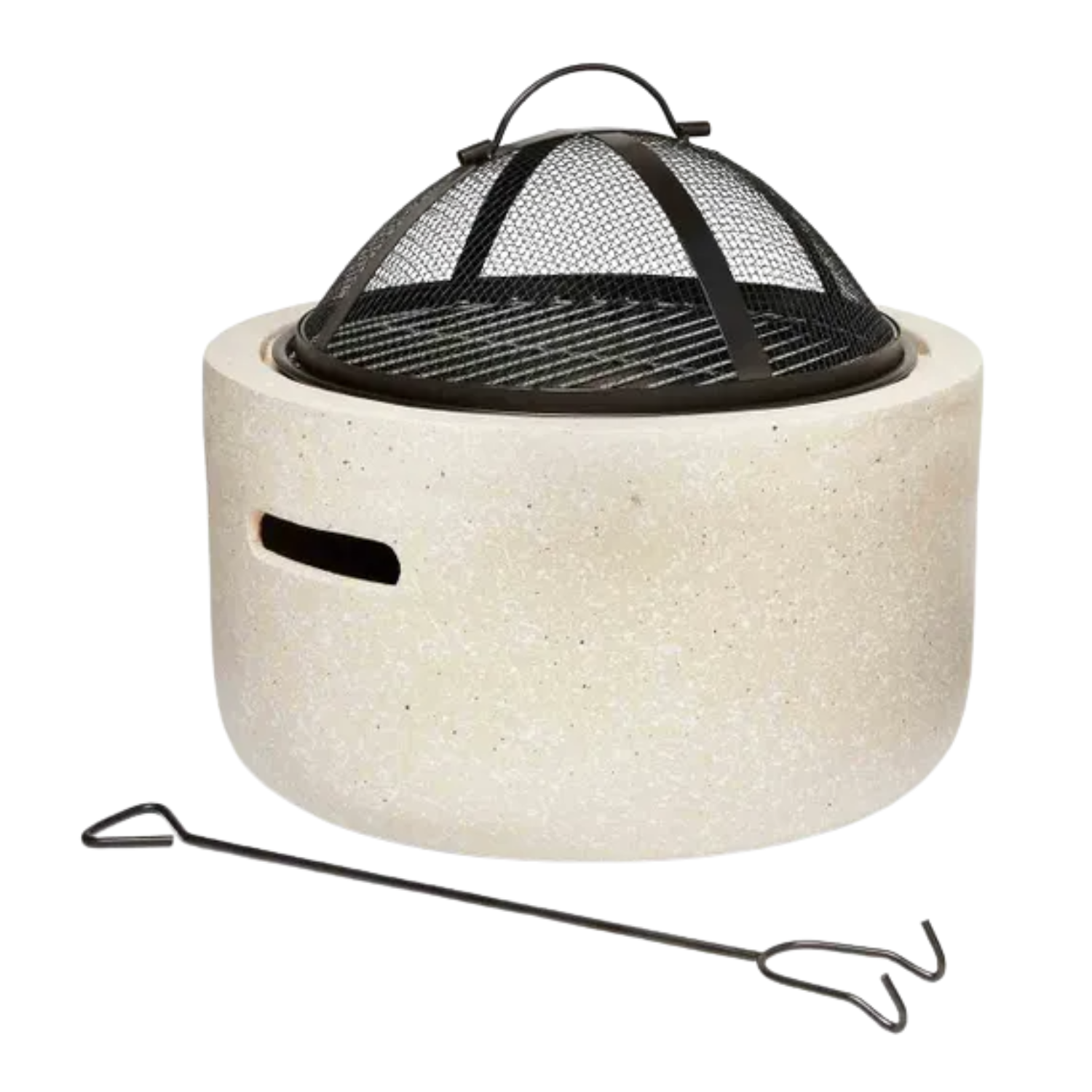 A beige stone fire pit grill