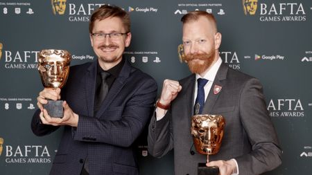 LONDON, ENGLAND - APRIL 17: Prokop Jirsa and Tobias Stolz-Zwilling the Narrative Award for 'Kingdom Come: Deliverance II' in the winners' room during the 2026 BAFTA Games Awards with Google Play at Queen Elizabeth Hall on April 17, 2026 in London, England. (Photo by John Phillips/BAFTA/Getty Images for BAFTA)
