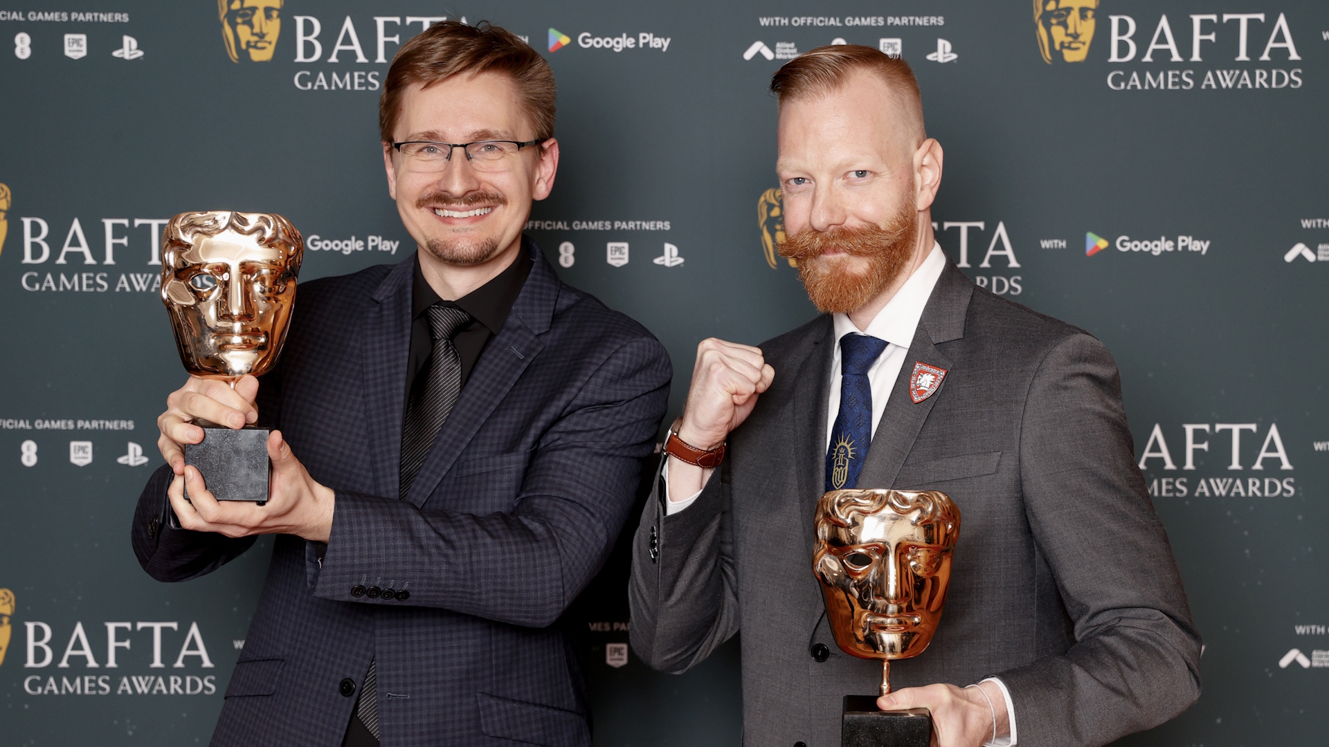 LONDON, ENGLAND - APRIL 17: Prokop Jirsa and Tobias Stolz-Zwilling the Narrative Award for 'Kingdom Come: Deliverance II' in the winners' room during the 2026 BAFTA Games Awards with Google Play at Queen Elizabeth Hall on April 17, 2026 in London, England. (Photo by John Phillips/BAFTA/Getty Images for BAFTA)