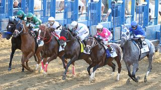 Essential Quality with Luis Saez up (R) starts the 153rd running of the Belmont Stakes and would go on to win at Belmont Park on June 05, 2021 in Elmont, New York.