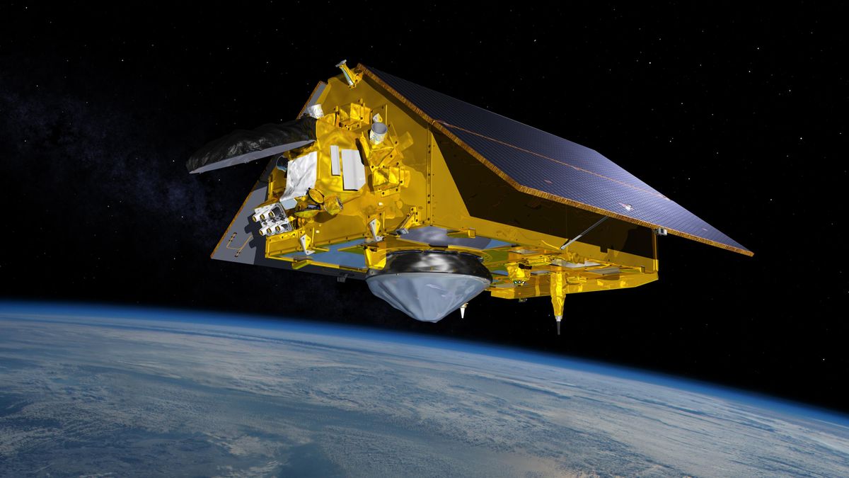 An artist&#039;s depiction of the Sentinel-6 Michael Freilich satellite in orbit around Earth.