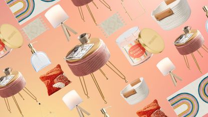 A range of home decor pieces on an orange and pink background