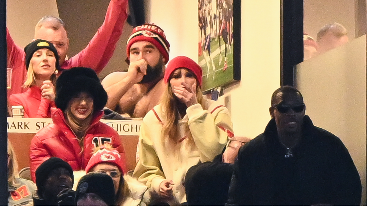 Brittany Mahomes, Jason Kelce, and Taylor Swift react during the second half of the AFC Divisional Playoff game between the Kansas City Chiefs and the Buffalo Bills