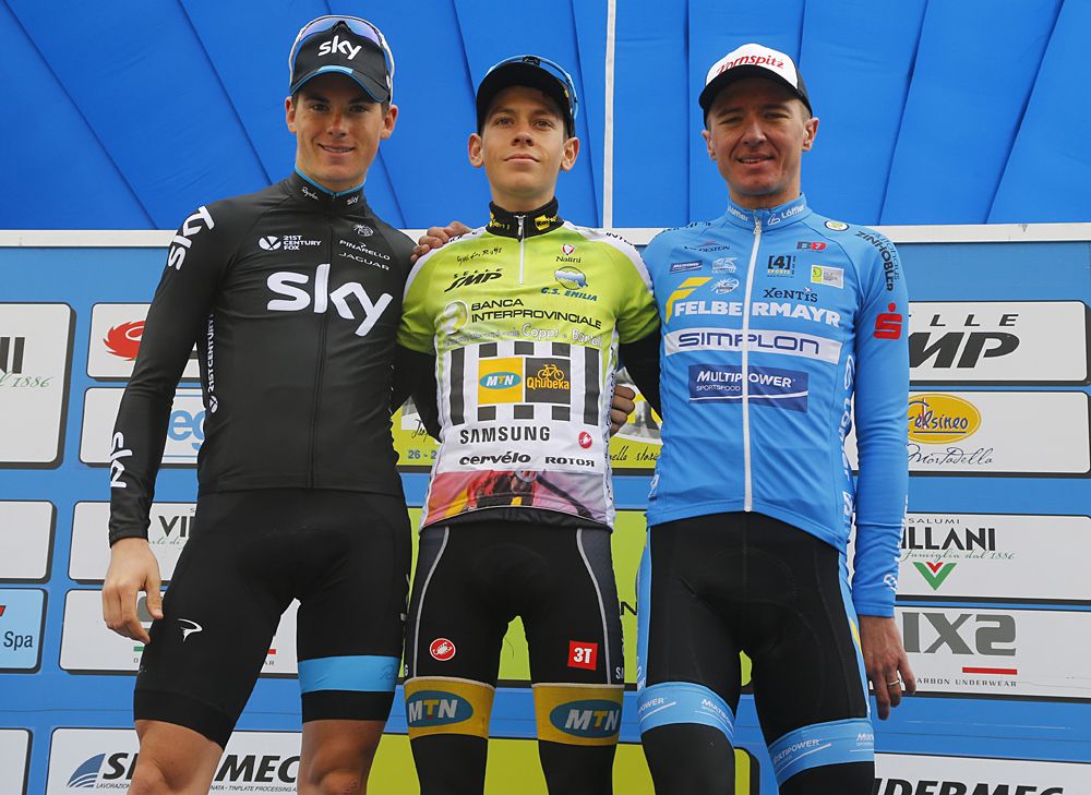Louis Meintjes (MTN-Qhubeka) tops the podium at Coppi e Bartali