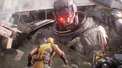 Wolverine facing off against a massive Sentinel