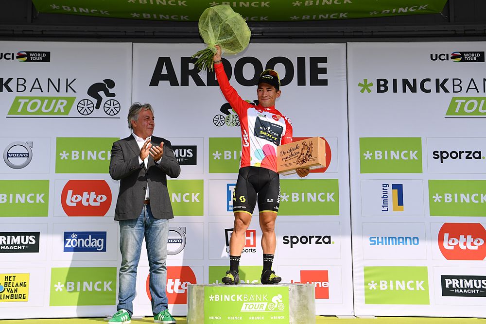 Caleb Ewan of Australia and Team Mitchelton - Scott Red Points Jersey Celebration at BinckBank Tour stage 4