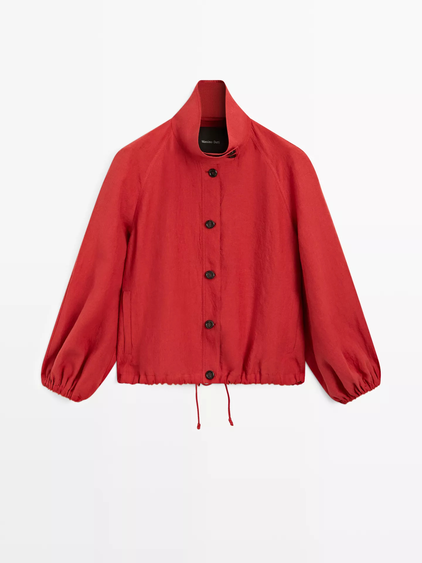 A red Massimo Dutti bomber jacket.