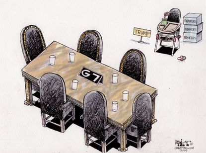 Political Cartoon U.S. Trump G7 Summit Baby Seat Farmers Tariffs Sippy Cup