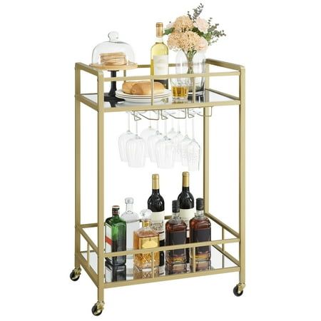 Hzuaneri Rolling Bar Cart With Mirror, Metal Serving Cart With Wine Glasses Hooks, Gold 01401gbc