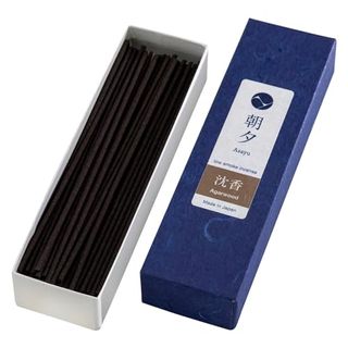 Open box of Asayu Japan Natural Low Smoke Agarwood Incense Sticks next to blue lid with Asayu Japan logo against white background.