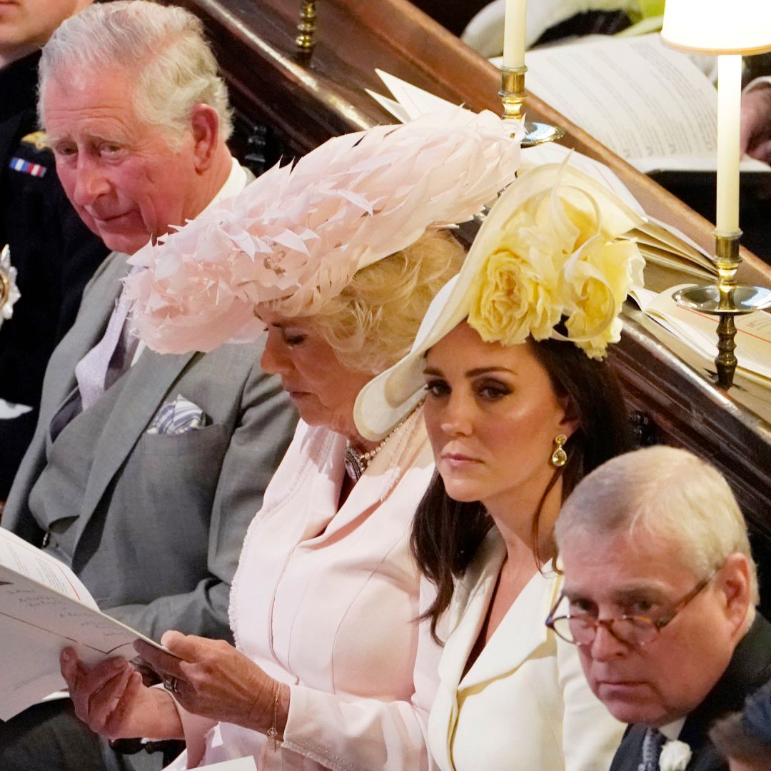 King Charles, Queen Camilla, Kate Middleton and Prince Andrew sit together at Meghan Markle and Prince Harry&#039;s wedding in May 2018