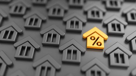 Gray house icons surrounding one prominent gold house marked with a percentage sign