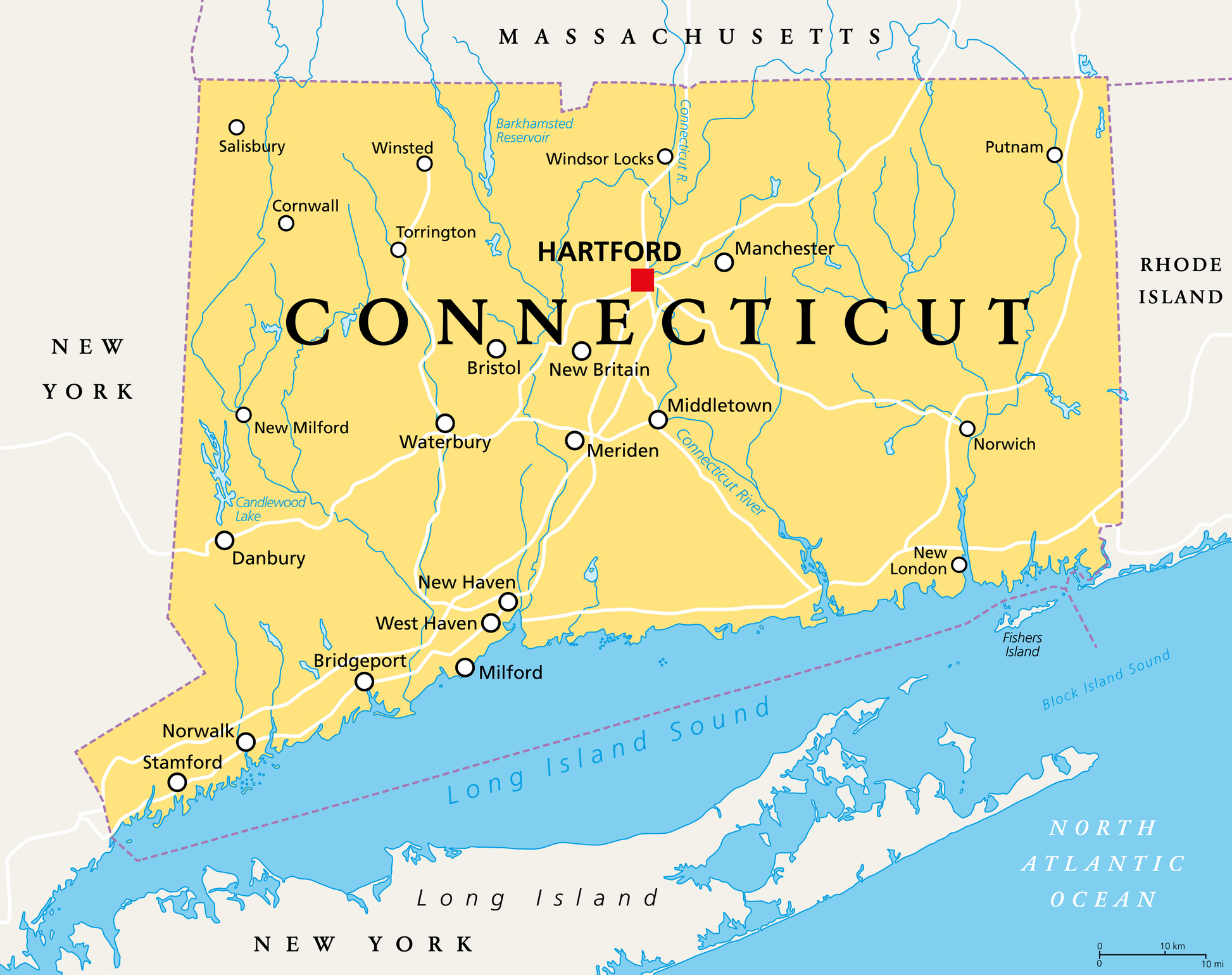 Connecticut, political map with capital Hartford. State of Connecticut, CT, the southernmost state in the New England region of the northeastern United States of America. English. Illustration. Vector