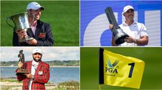 Rory McIlroy, Scottie Scheffler and Brooks Koepka hold trophies 