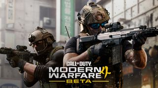 Key art for the Modern Warfare 4 beta showing the logo and two soldiers aiming down the sights of their weapons