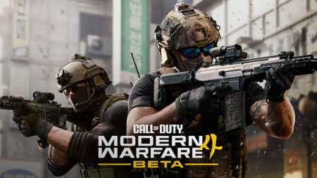Key art for the Modern Warfare 4 beta showing the logo and two soldiers aiming down the sights of their weapons